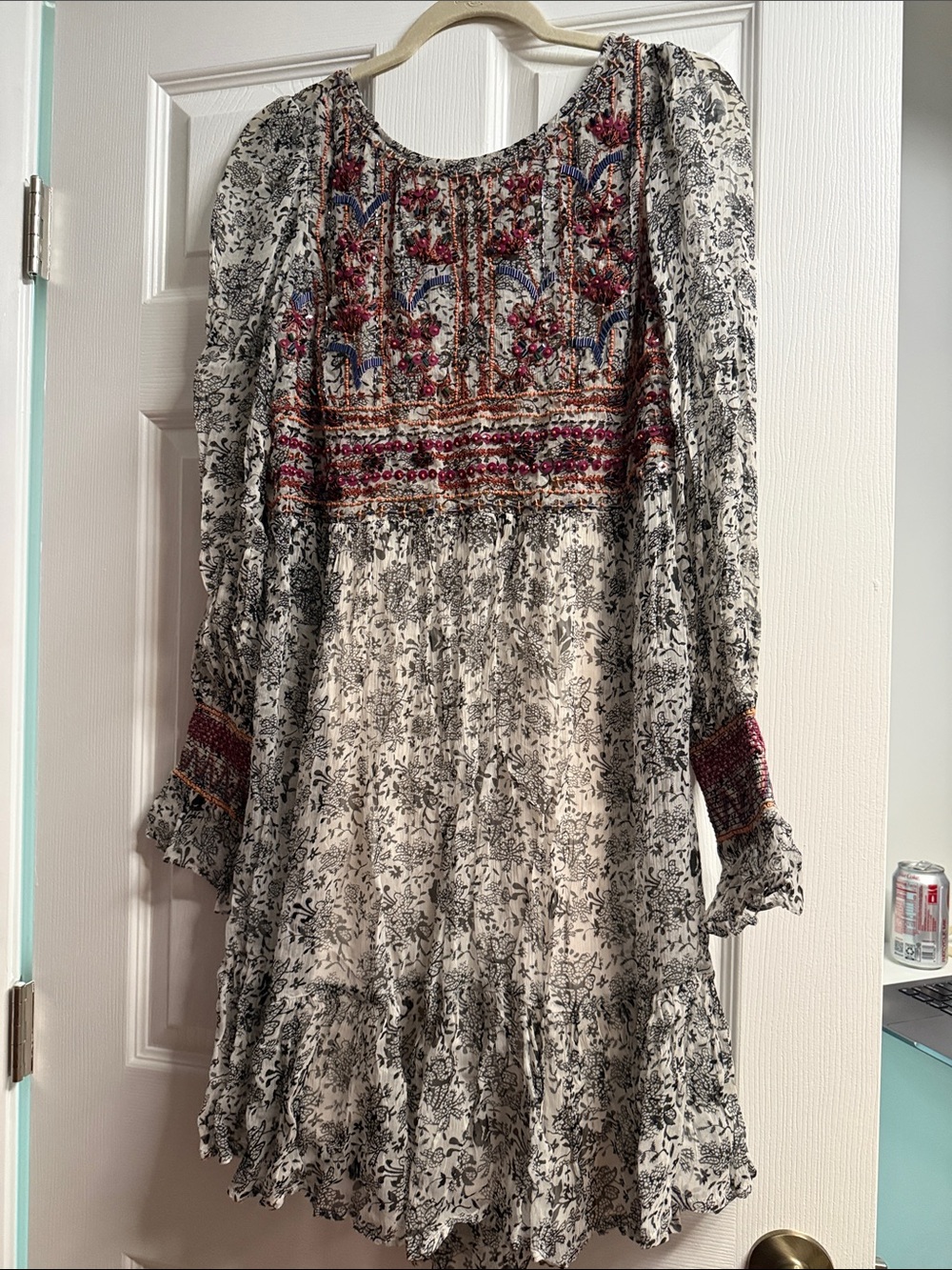 Embroidered Floral Long-Sleeve Dress - Cream with Red Accents
